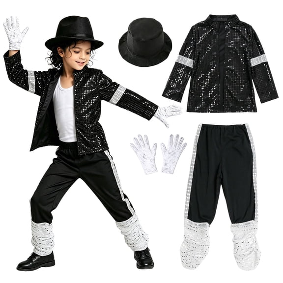 yoplnin Dance Star 𝐂ostume for 80s 90s Pop Stage Sequin Gloves Black Fedora Hat Sunglass 𝐂osplay Party Boys' Clothing Sets