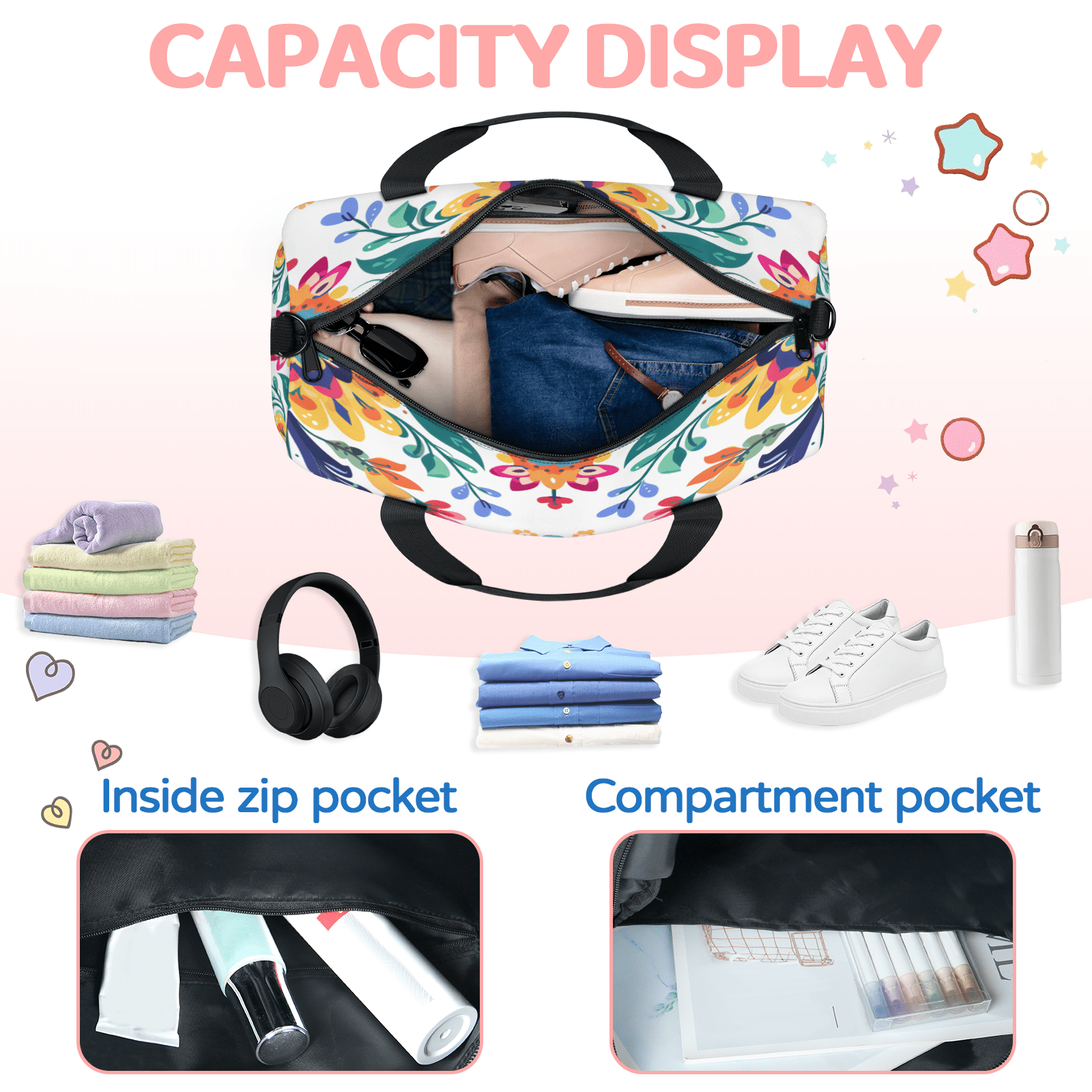 Herdesigns Colorful Floral Summer Flowers Gym Bag for Women, Duffle Bag for Travel Sport, Lightweight Waterproof Carry on Weekender Overnight Dance Yoga Workout Bags