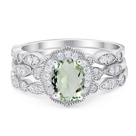 Three Piece Green Amethyst Prasiolite Floral Weeding Ring 925 Sterling Silver Size 5
