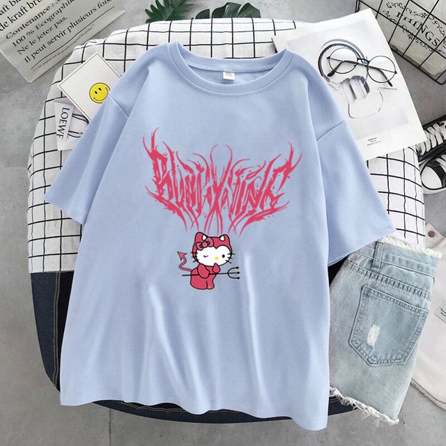 Camiseta estampada de Hello Kitty para niñas, camisa de cuello redondo de manga corta, versátil, suelta, informal, de verano
