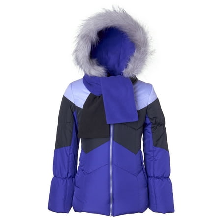 Sportoli Girls' Winter Colorblock Hooded Puffer Bubble Jacket Coat Hat & Scarf - Purple Clash (Size