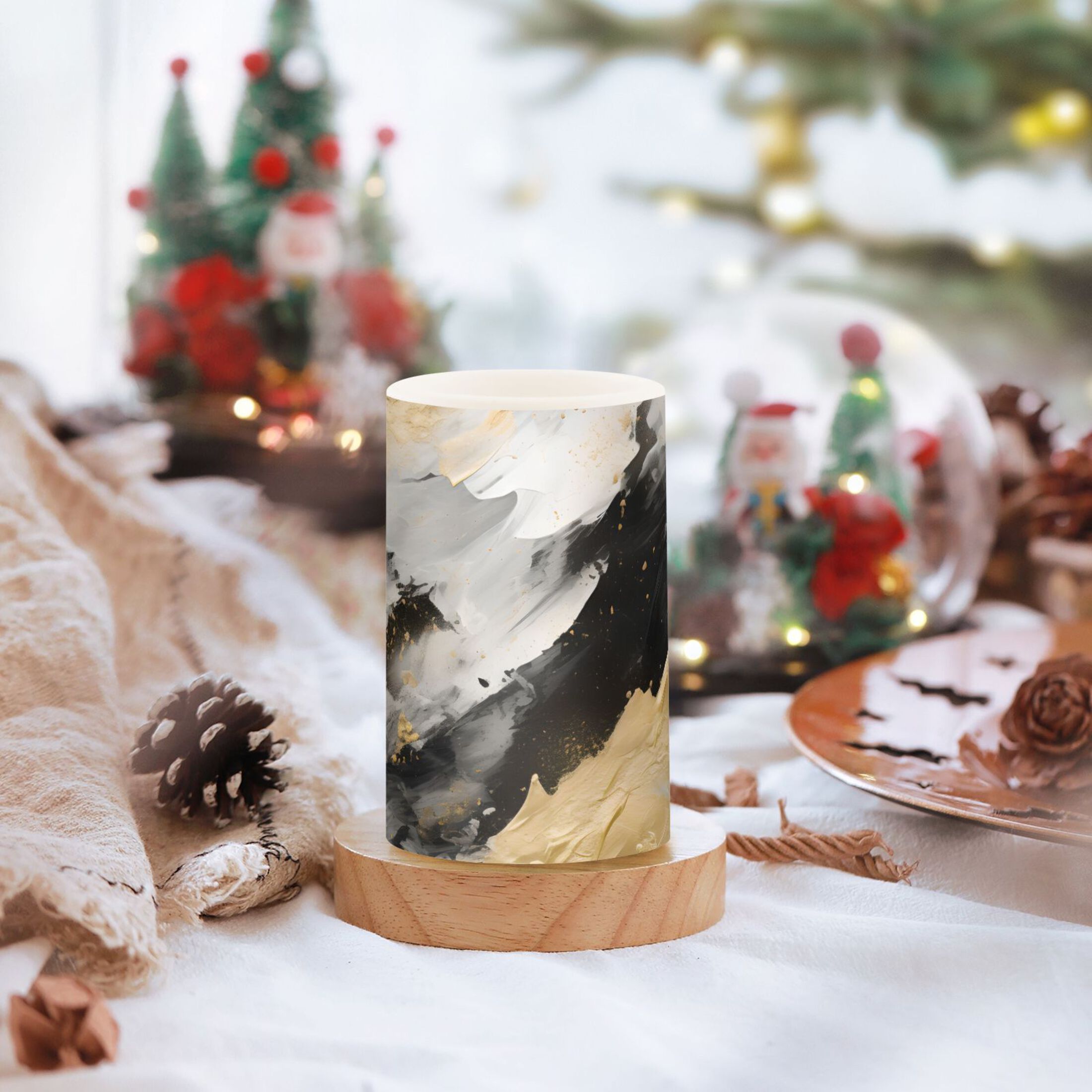 Black White Gold Marble Flameless Candles with Remote Timer LED Battery Operated Flickering Candle Light for Festival Wedding Home Party