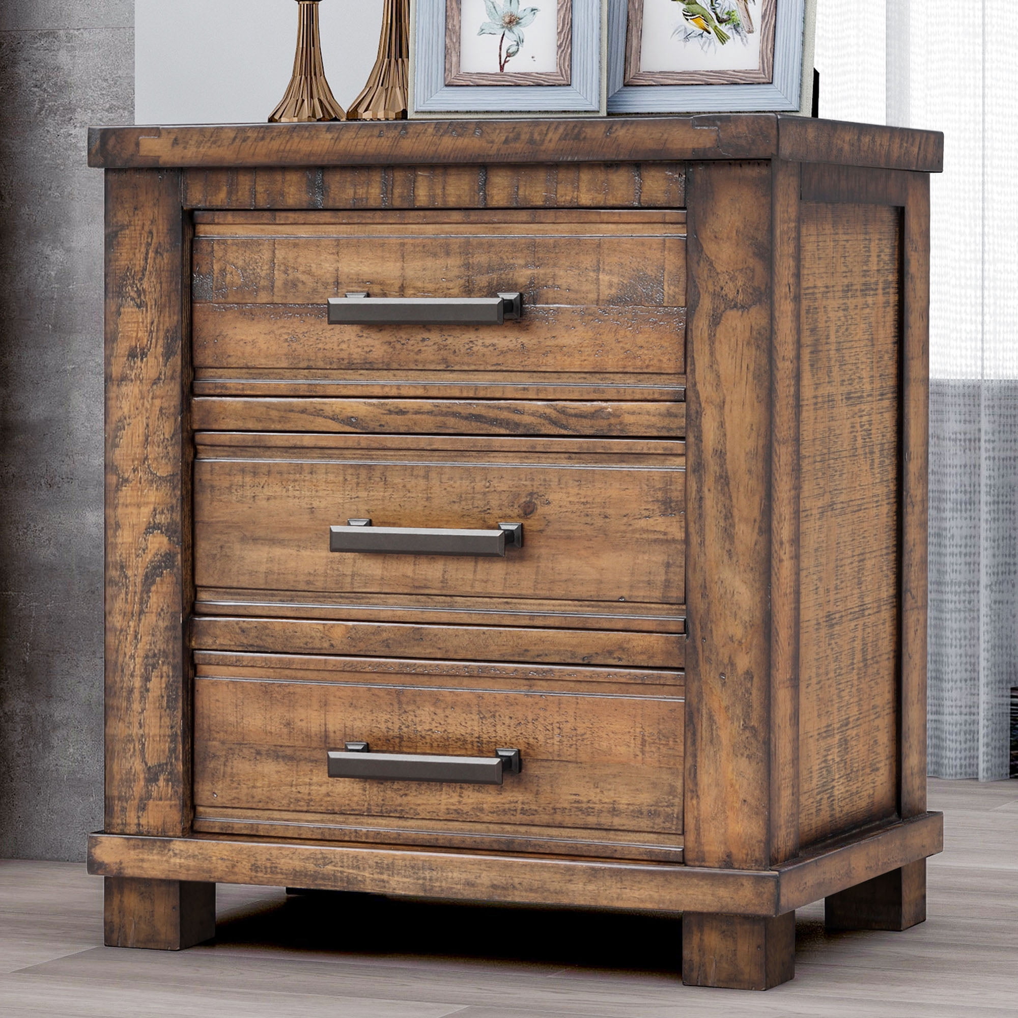 Mintazer Farmhouse Nightstand with 3 Drawers, End Tables for Home Office Bedroom, Brown