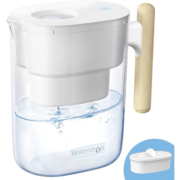 Waterdrop PT-04W Water Filter Pitcher, 10-Cup Capacity, NSF Certified, 200-Gallon Long-Life Filter, 5X Longer Filter Life, Reduces PFOA/PFOS and Chlorine, BPA-Free, Sturdy Wooden Handle, White