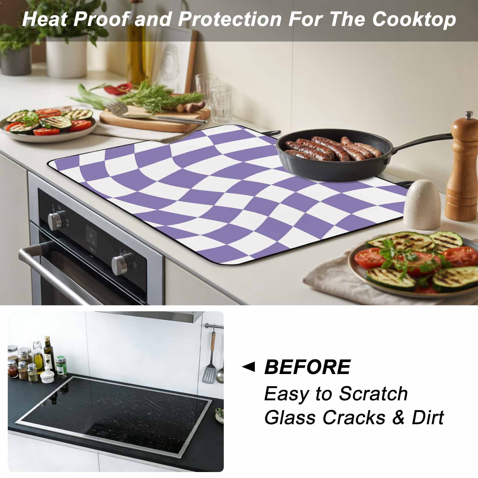 Purple White Checkered Stove Top Cover for Electric Stove, Heat-proof & Non Slip Glass Top Stove Cover Protector, Modern Irregular Geometric Kitchen Flat Cooktop Rubber Mat 24x21 Inches