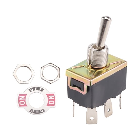 Lighting and Motor DPDT Toggle Switch, 3-Position ON/OFF/ON, 6 Pins, 250V 10A / 125V 15A, Black and Silver