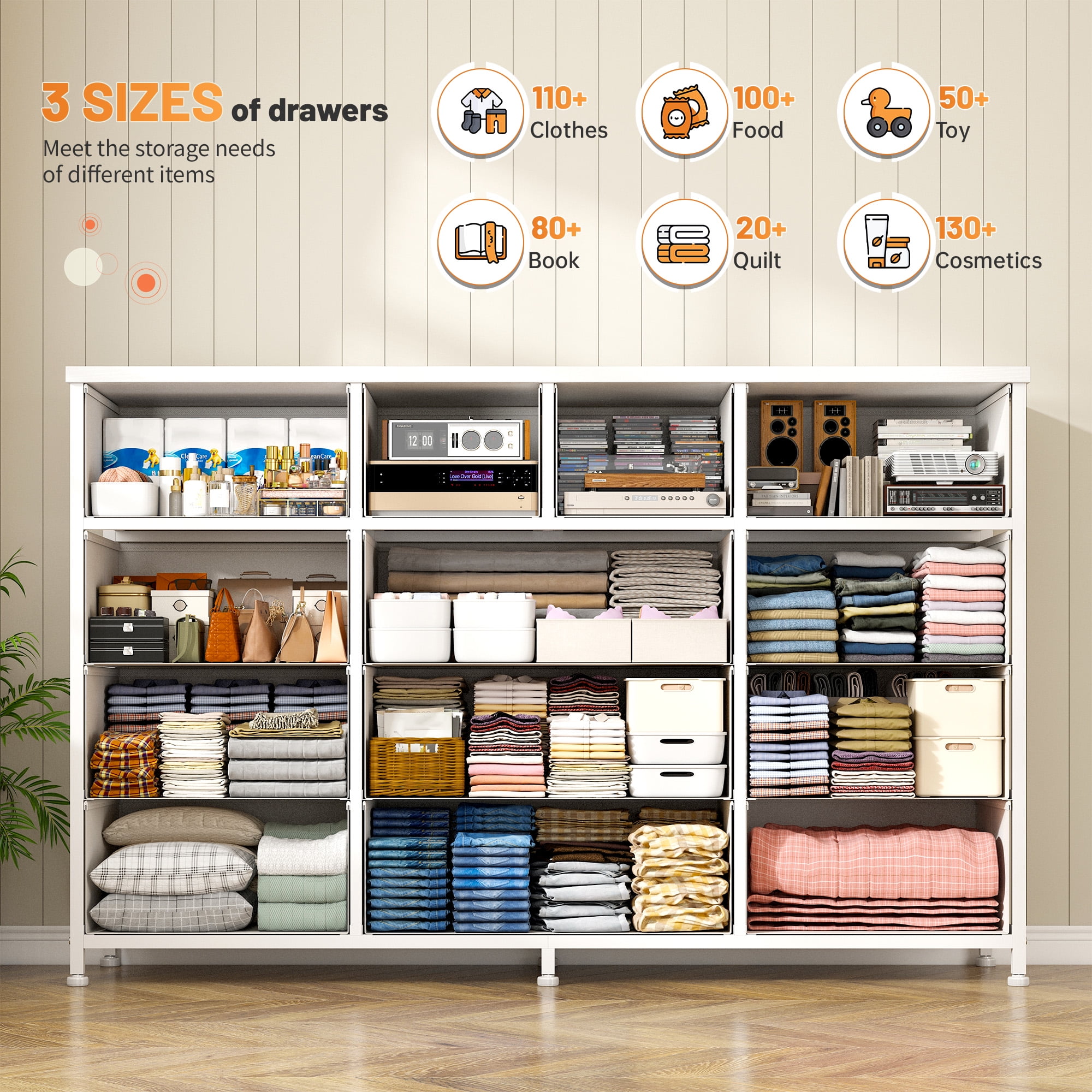 White Dresser for Bedroom TV Stand with 13 Drawers for for 55" TV, Fabric Wide Dresser for Living Room