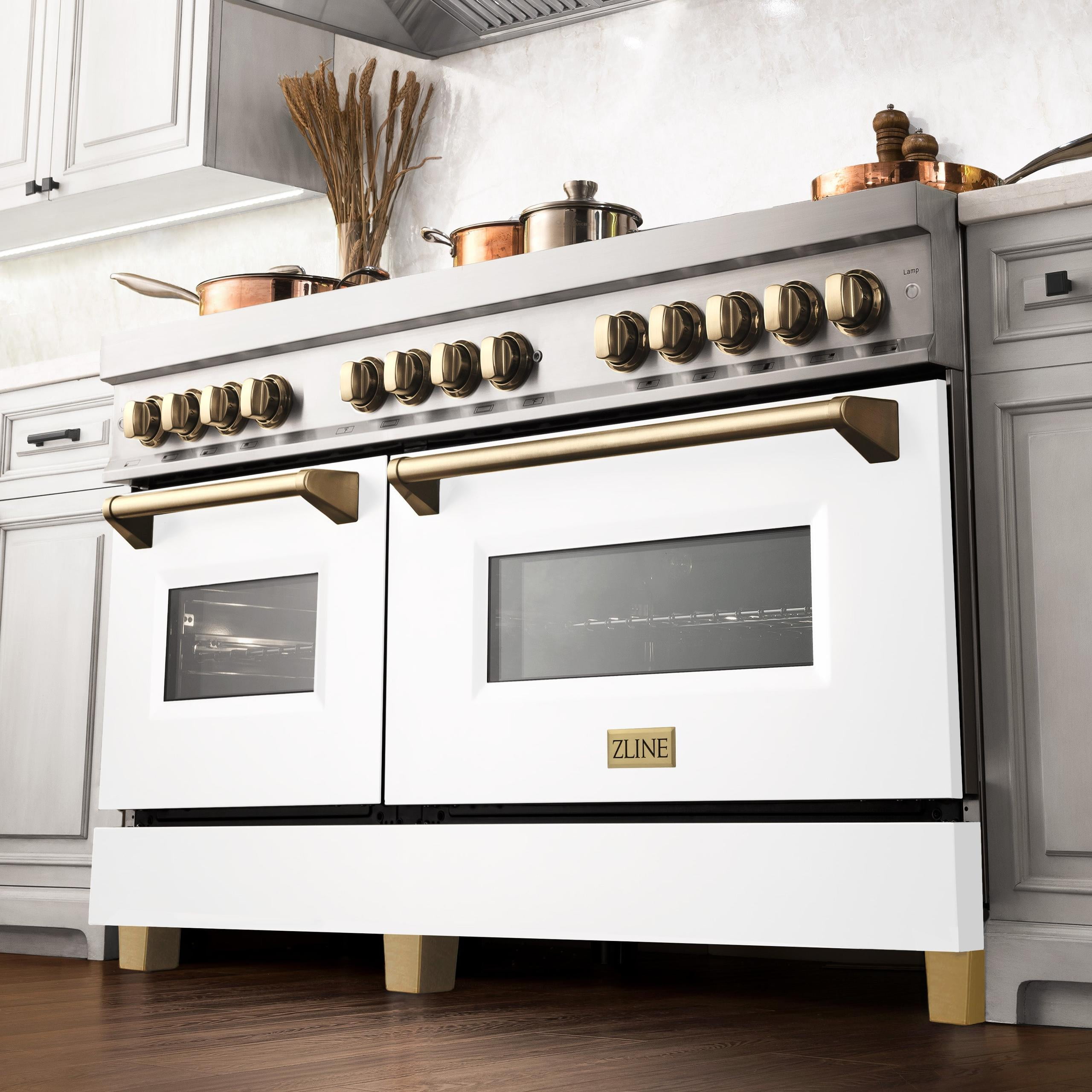 ZLINE Autograph Edition 60" 7.4 cu. ft. Dual Fuel Range with Gas Stove and Electric Oven in Fingerprint Resistant Stainless Steel with White Matte Door and Gold Accents (RASZ-WM-60-G)