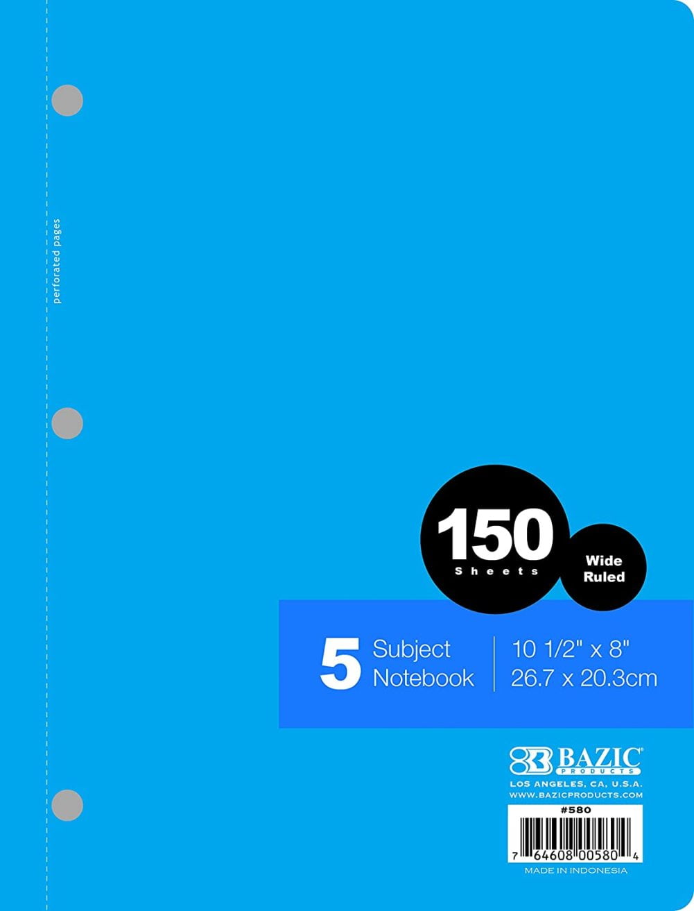 B MilcTabe Wide Ruled 5 Subject Notebook. Spiral Notebook with