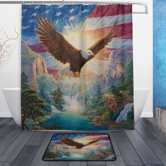 TTYFWHD 60" x 72" Shower Curtain and Bath Mat Set Eagle Soar over The River Waterproof Bathroom Curtain with 12 Hooks, Bathroom Decor Set