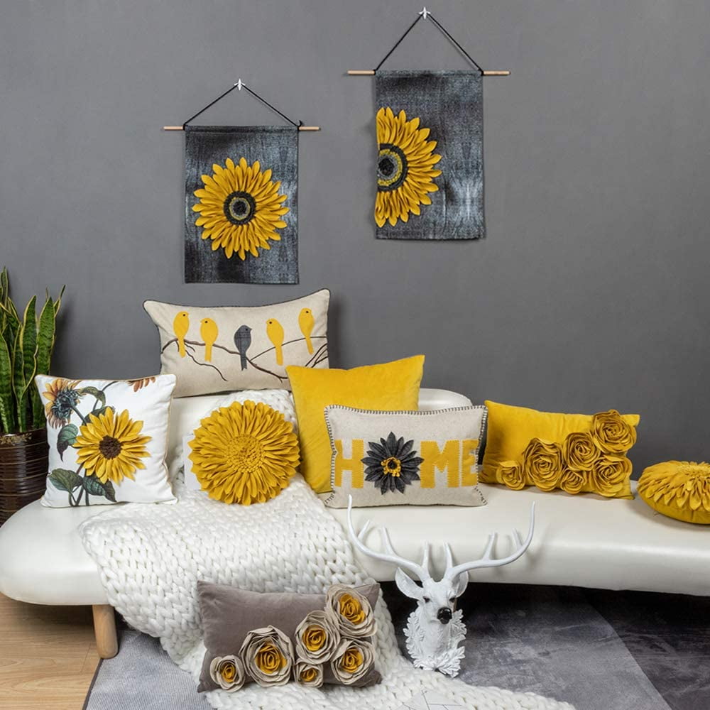 JWH  3D Yellow Rose Flower Throw Pillow Covers Soft Velvet Fabric Cushion Case for Sofa Bed Decor  12x20inch