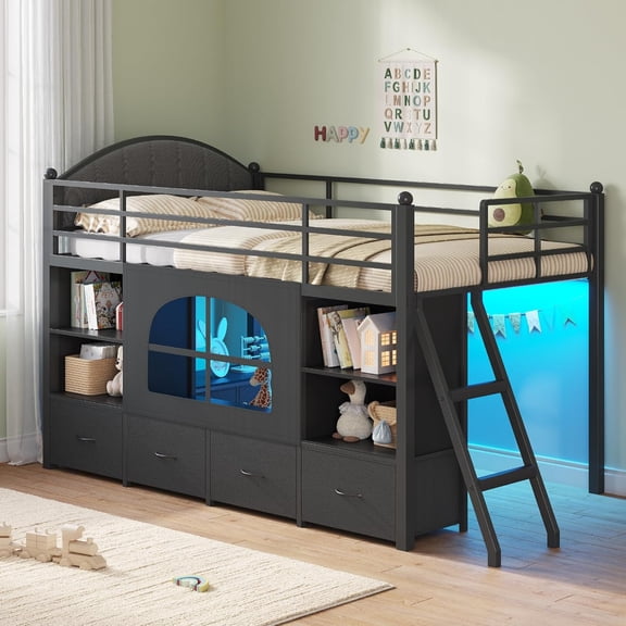 Mabor Twin Size Low Loft Bed with 6 Storage Drawers,Twin Loft Bed with Bookcase & LED Lights, Upholstered Headboard, Secret Play Space, Metal Bed Frame with Safety Guardrail & Inclined Ladder,Black