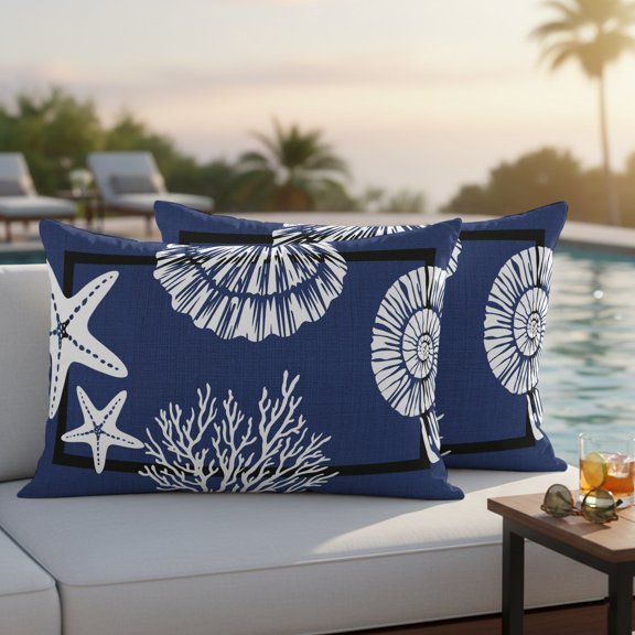 Coastal Outdoor Waterproof Throw Pillow Covers Set of 2, 20"x12", Starfish Shell Coral Rustic Navy Blue Decorative Pillow Covers Outside Cushion Case for Patio Porch Garden