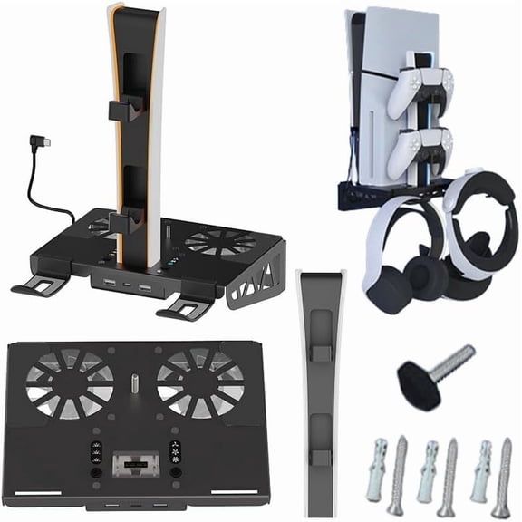 Wall Mount for PS5 Pro/Slim/P5 CD-ROM and Digital Edition with Cooling Fan and Handle, Charging Cradle with Headphone Storage Hook and Mounting Bolt Assembly