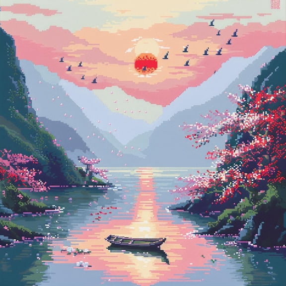 Modern Cherry Flower River Sunset DIY 11CT Stamped Cross Stitch Kits for Beginners Easy Needlepoint Embroidery Counted Cross Stitch Art Craft for Wall Decoration 14x14inch(8)