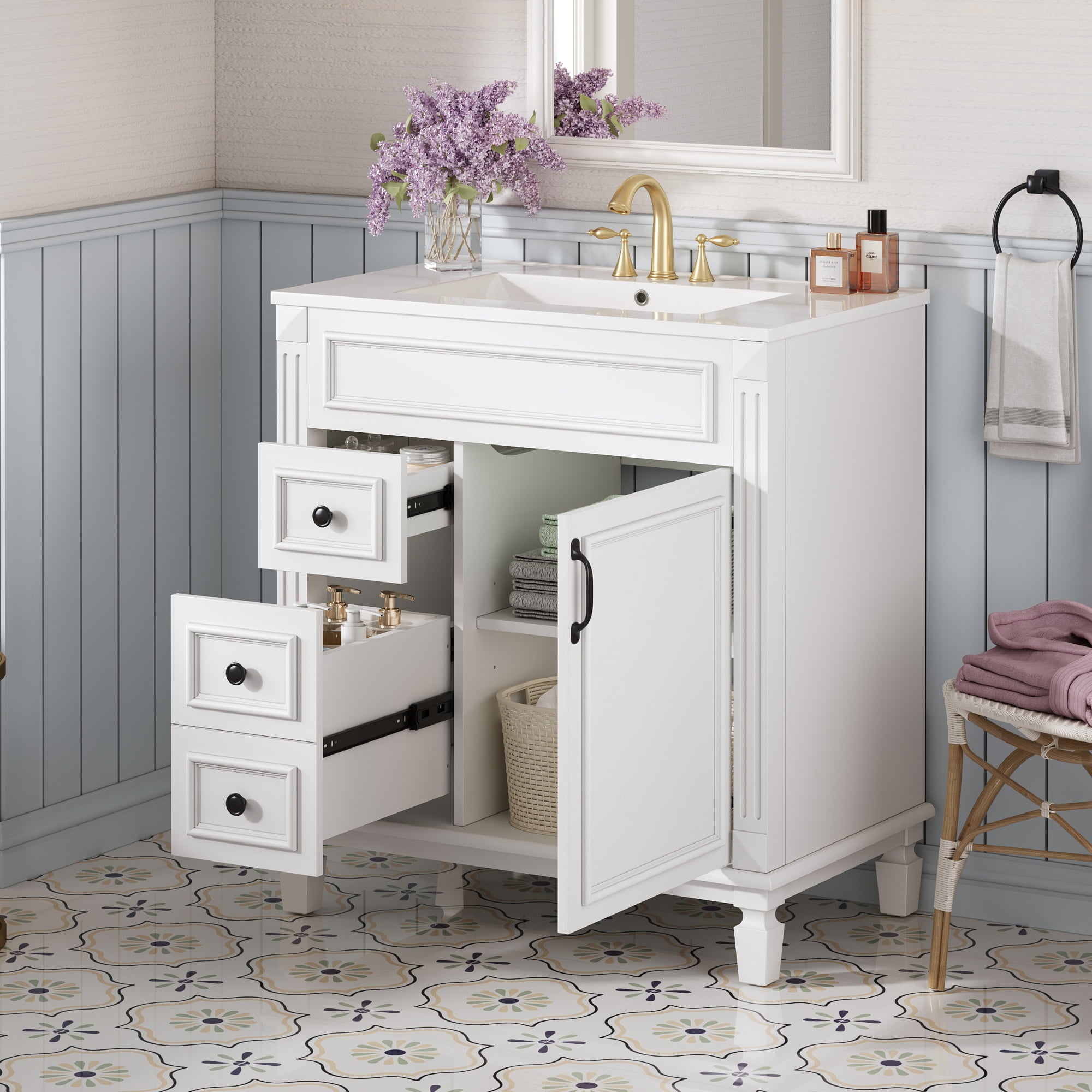 Euroco 30" Bathroom Vanity with Ceramic Sink, Small Bathroom Sink Cabinet, Modern Cabinet with 2 Drawers and Adjustable Shelf