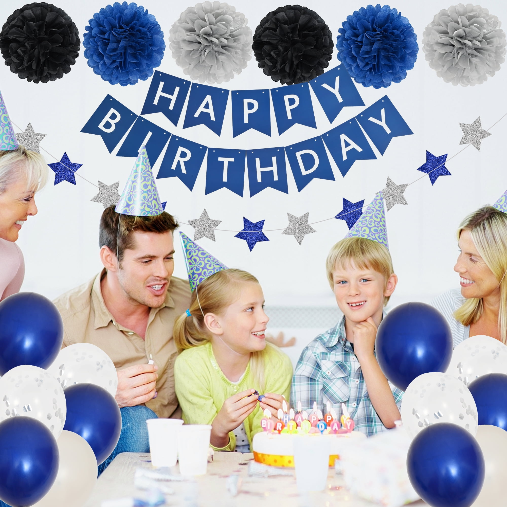 Birthday Party Decoration Silver Blue for Mans Boys, Balloons, Happy  Birthday Banner, Fringe Curtain