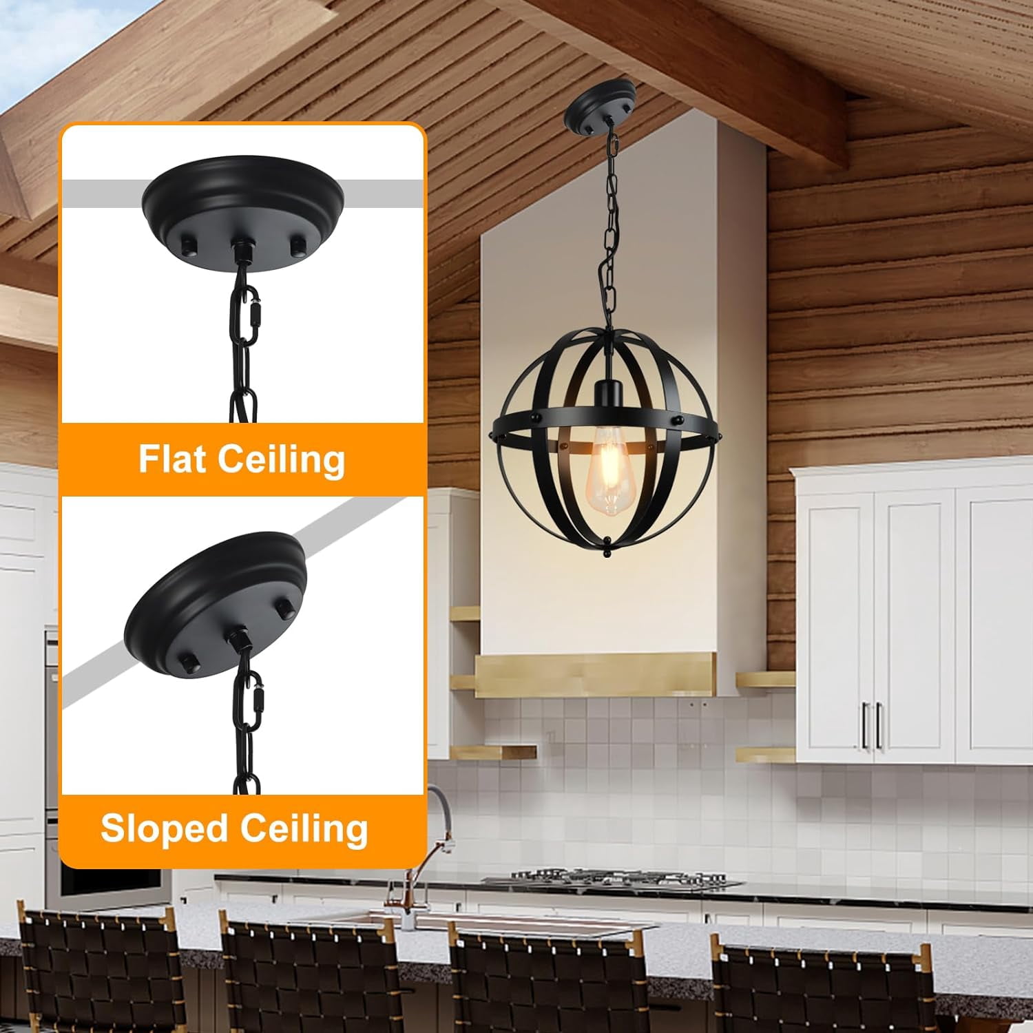 DingLiLighting Vintage Globe Pendant Hanging Light, Flush Mount Ceiling Chandelier Lamp with Metal Spherical Shade for Living Room Dining Kitchen Island Hallway Bedroom,E26 Base Matte Black