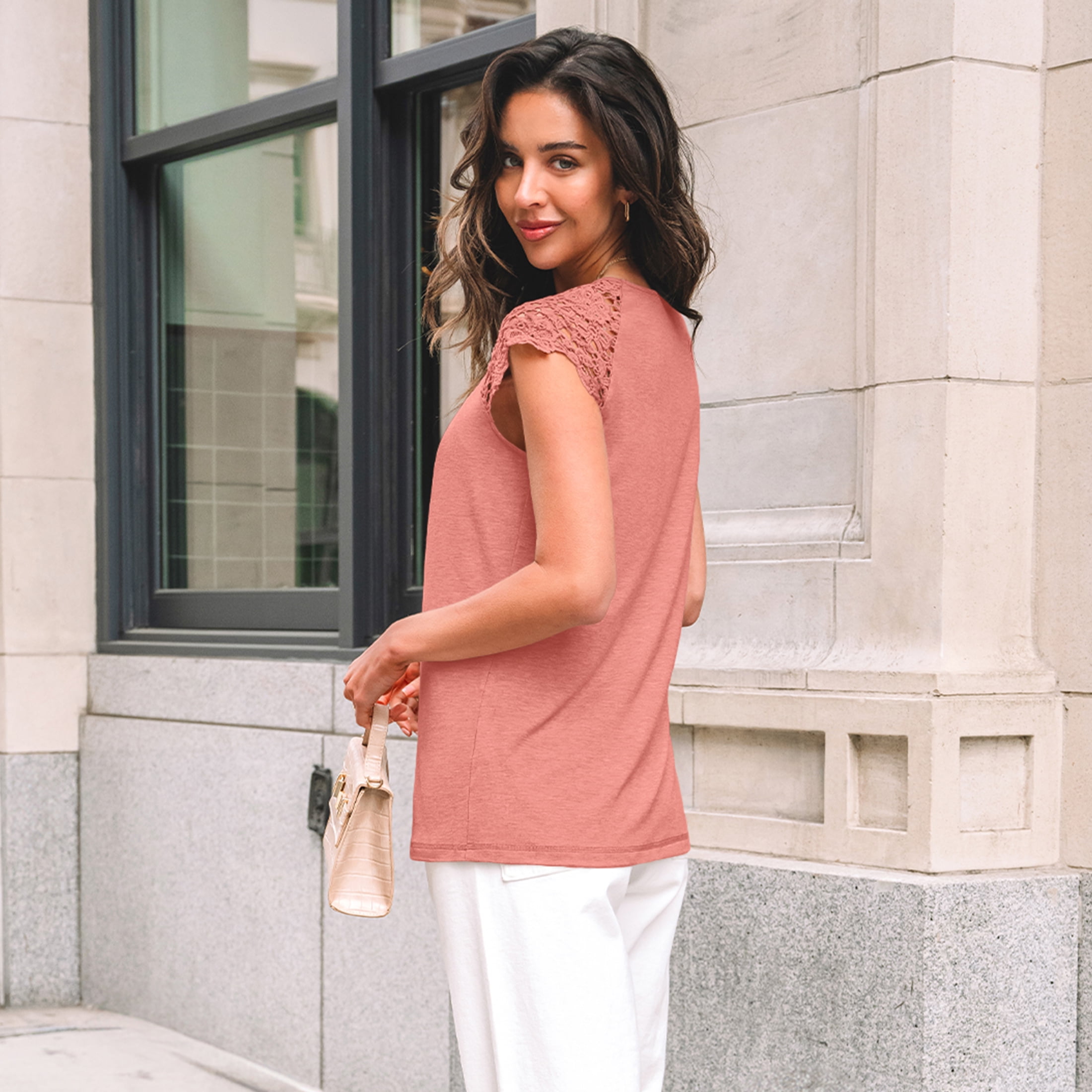 SUNBS Blouses for Women Lace Tops Pleated Short Sleeve Shirts Summer Business Casual Dressy Clothes
