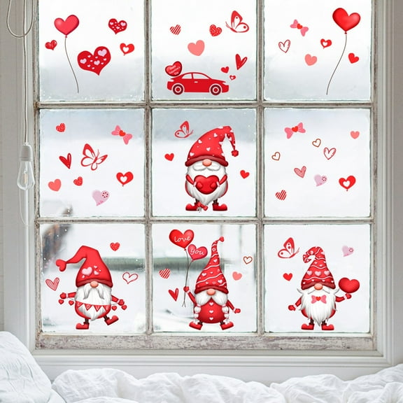 Valentine's Day Window Clings Decorations,12 Sheets Romantic Pink Red Love Heart Faceless Elf Window Stickers Decals for Valentine's Day Wedding Anniversary Party Favors Supplies Decor
