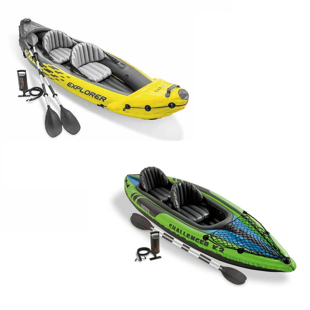 Intex Inflatable Explorer K2 Kayak Set, Yellow & Challenger K2 Kayak