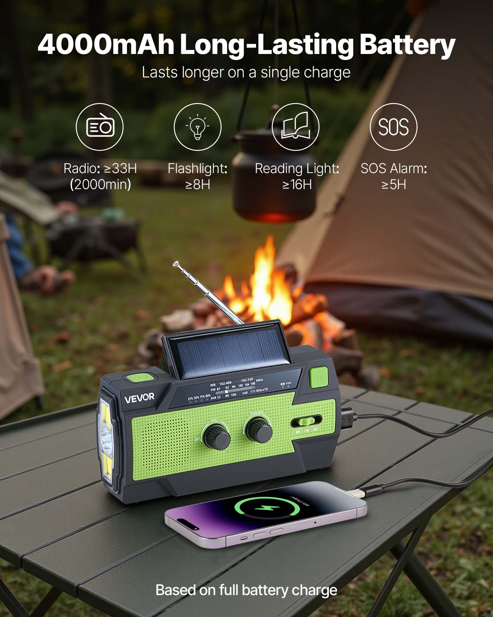 VEVOR Emergency Weather Radio, 4000mAh Battery, FM/AM/WB/NOAA Alert Solar Hand Crank Emergency Radio, with USB Charging Cable, SOS Alarm and Flashlight, Portable for Outdoor Emergencies, Camping