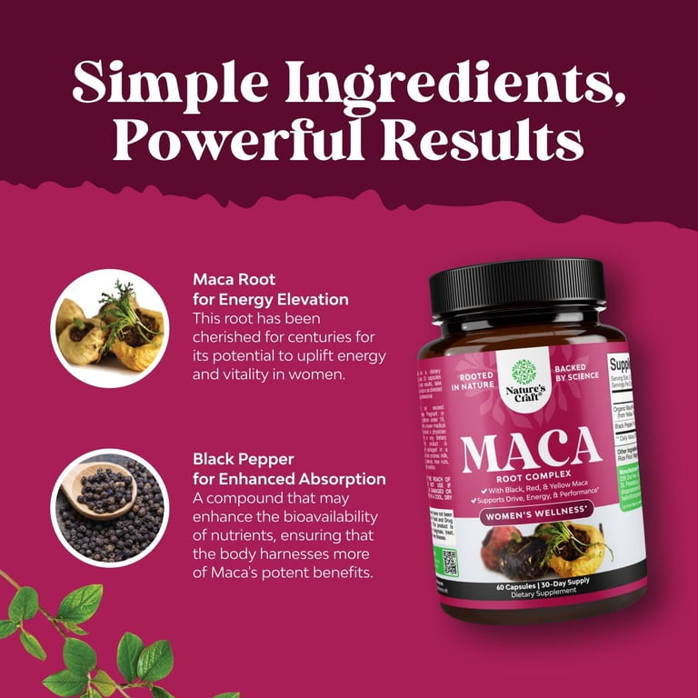 Nature's Craft Organic Maca Root Complex with Black, Red & Yellow Maca, 60 Capsules