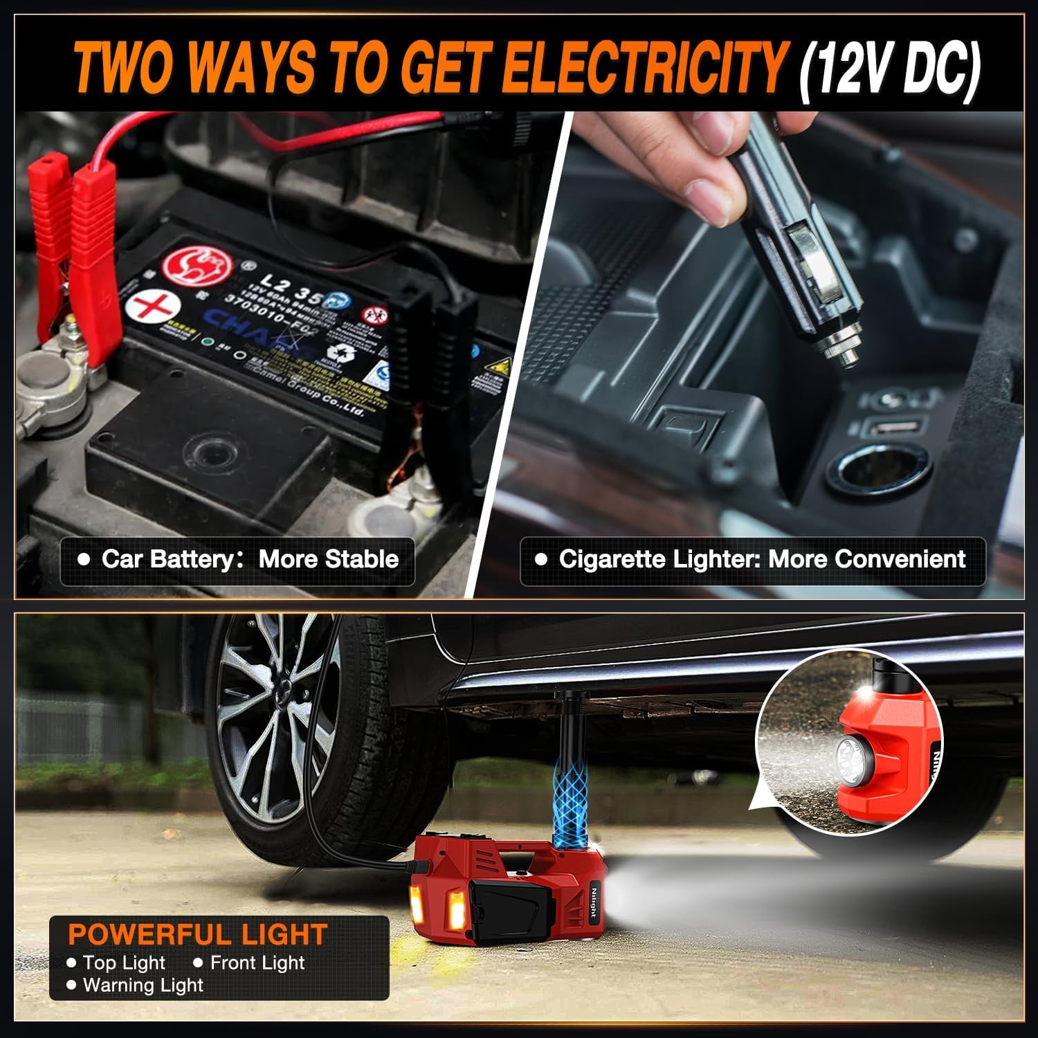 Nilight Electric Car Jack Kit 5 Ton 12V with Impact Wrench, 3 in 1 Portable Electric Floor Jack with Tire Inflator Pump LED Light for SUV Truck Change Tire Garage Repair