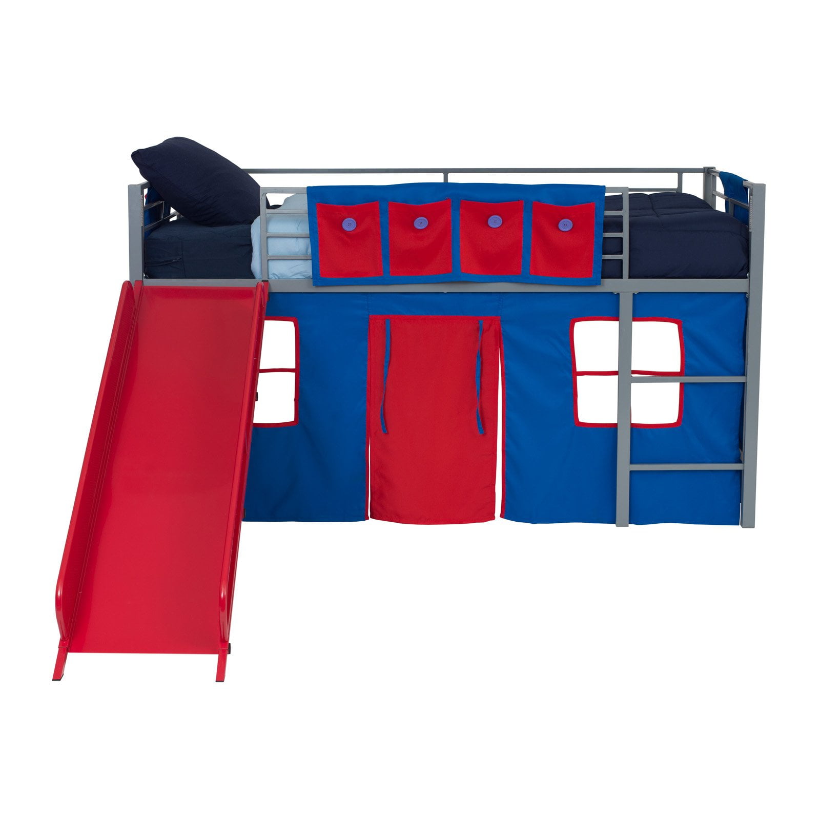 Twin Junior Twin Metal Loft Bed with Slide, Silver/Red