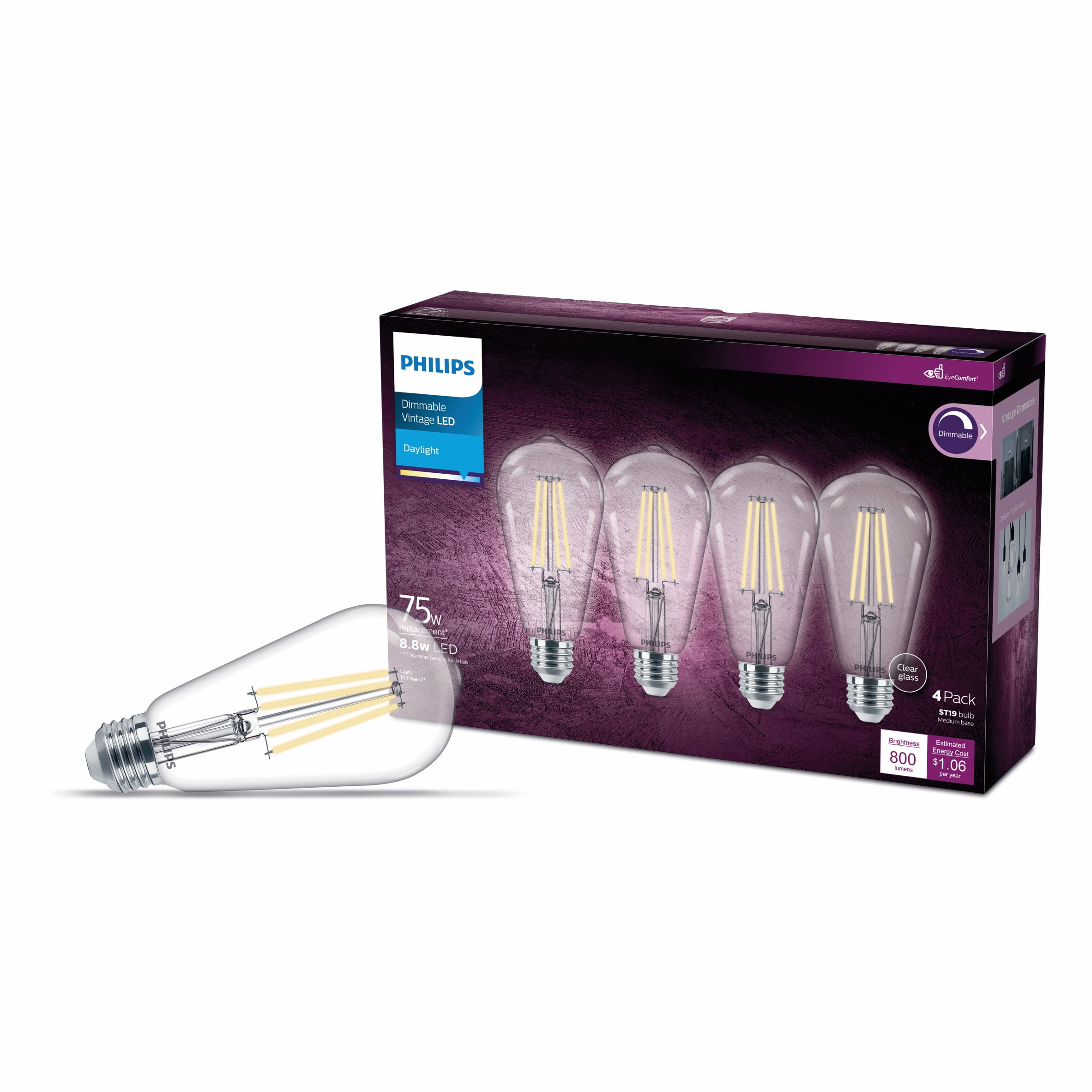 Philips LED 75-Watt ST19 Straight Tubular Light Bulb, Clear Soft White, Dimmable, E26 Medium Base (4-Pack)
