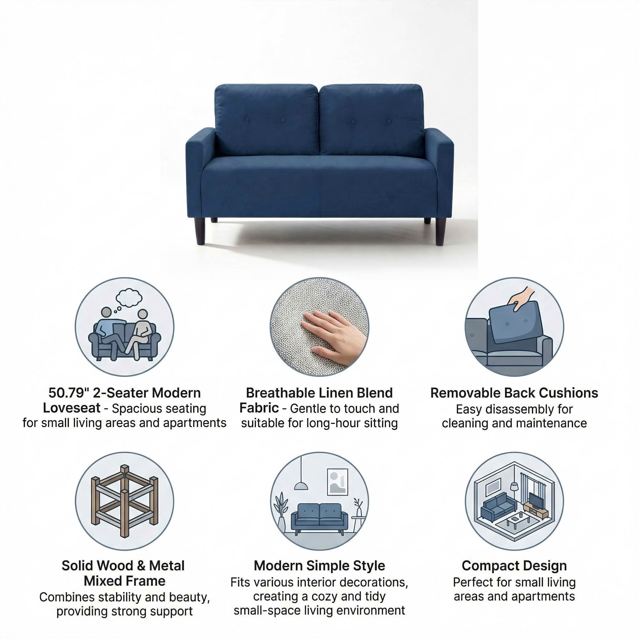 MAYEERTY 50.79" Modern Loveseat Sofa, 2-Seater Linen Blend Couch with Removable Back Cushions, Solid Wood & Metal Frame for Small Spaces
