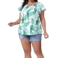 thumbnail image 1 of Blusa de verano bohemia de mujer plus size con flores, cuello en V con lazo, mangas cortas tipo flutter, 3X, blanca y verde, 1 of 6