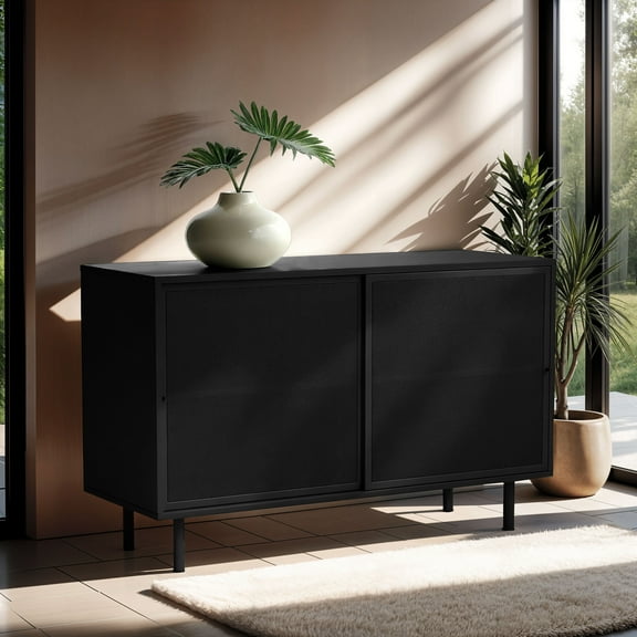 Modern Metal 48 in. Sideboard with Metal Mesh Panelled Doors in Black