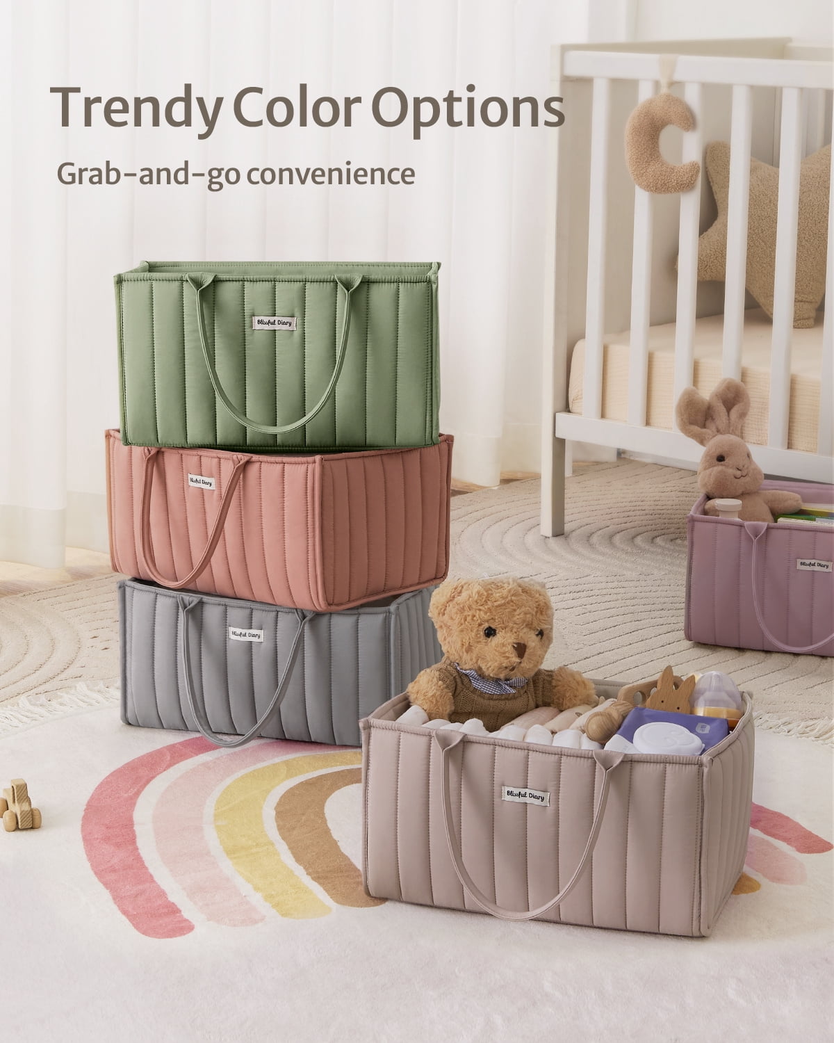 Blissful Diary Diaper Caddy Organizer,Baby Baskets for Baby Shower, Portable Nursery Changing Table Organizer, Diaper Bag, Infant Newborn Essentials Gift, Baby Registry Must Have, Greige