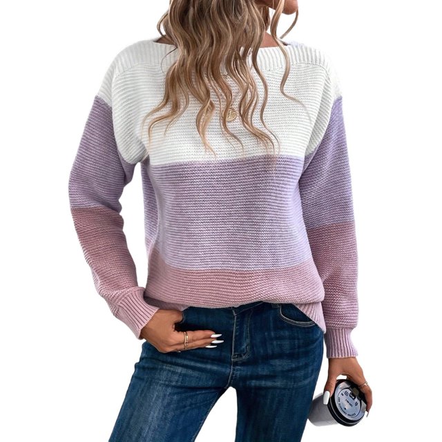 Suéter Informal de Cuello Redondo, Acanalado, de Punto con Bloques de Color, Hombros Caídos y Larga para Mujer, Otoño e Invierno. Púrpura XXL