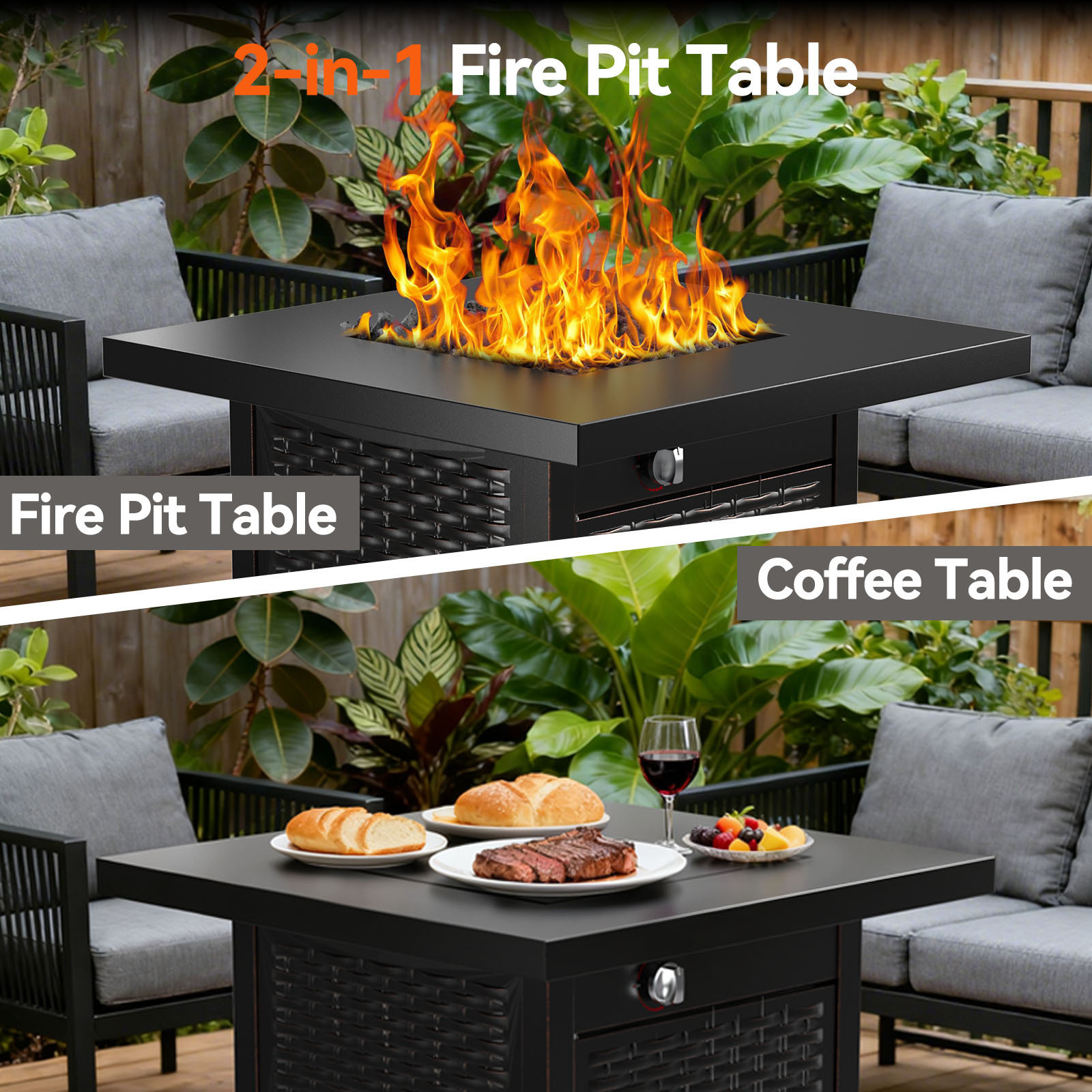 Philergo 28" Outdoor Propane Fire Pit Table with Lid, 60,000 BTU Gas Fire Pit for Patio Garden Party