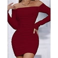thumbnail image 5 of Women'S Off the Shoulder Long Sleeve Ruched Bodycon Dress Bustier Wrap Mini Dress Wine Red S, 5 of 9