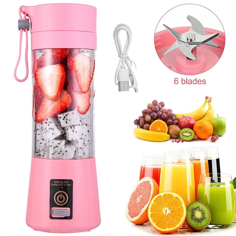 Hinzonek Portable Mini Juicer Cup, Personal Blender 6 Blades Mixer Fruit Machine for Smoothies Shakes, Pink, 380ml
