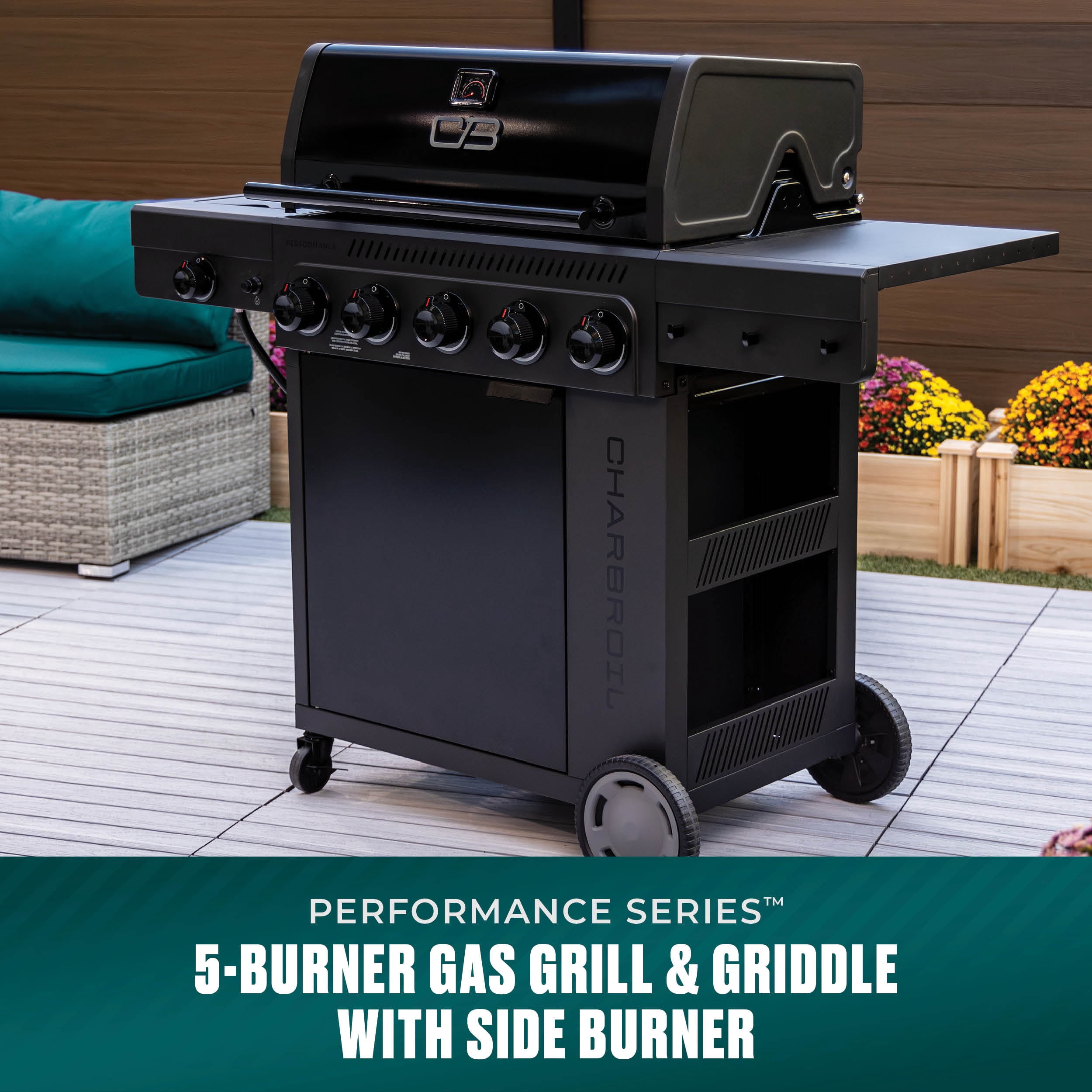 Charbroil Gas Grill, Performance Series FlavorMax 5 Burner Grill with Side Burner and Griddle, Black