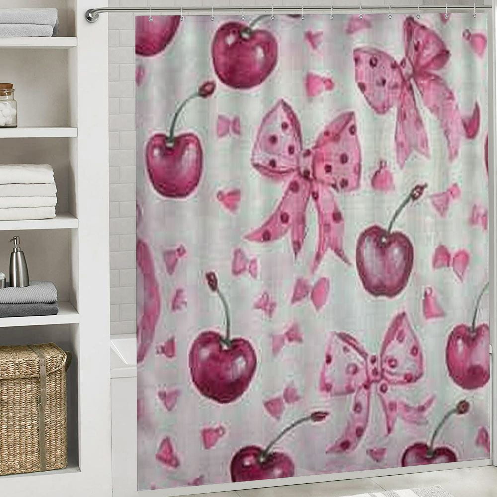 Patifu Cherries Bows Chic Modern Bathroom Decor Shower Curtain Set with Hooks 60"x72