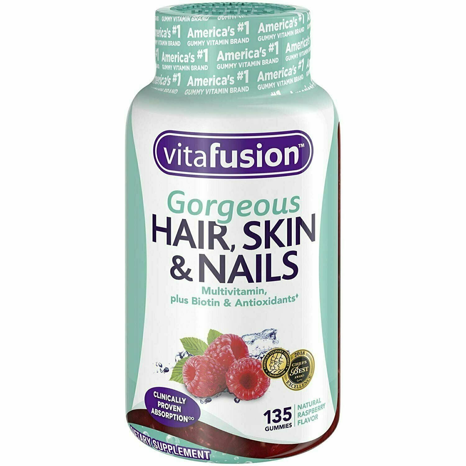 Vitafusion Gorgeous Hair, Skin & Nail Multivitamins Gummies, Natural Raspberry Flavor 135 ea (Pack of 2)
