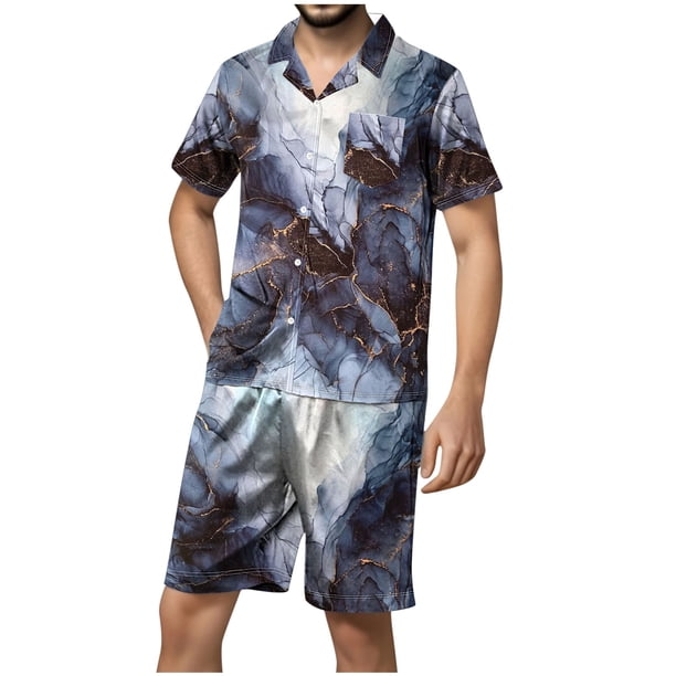 Pantalones Casuales para Hombre, Blusa de Manga Corta con Impresión de Botón de Giro Y Conjunto de Pantalones Hechos de Poliéster para el Uso Diario de Verano, Blusa de Manga Corta