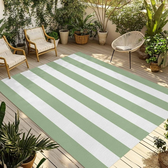 Fsddascl Sage Green Striped Outdoor Rug for Patio/Deck/Porch, Non-Slip Large Area Rug 6 x 9 Ft, Farmhouse Sage Green Stripes Indoor Outdoor Rugs Washable Area Rugs, Reversible Camping Rug Carpet