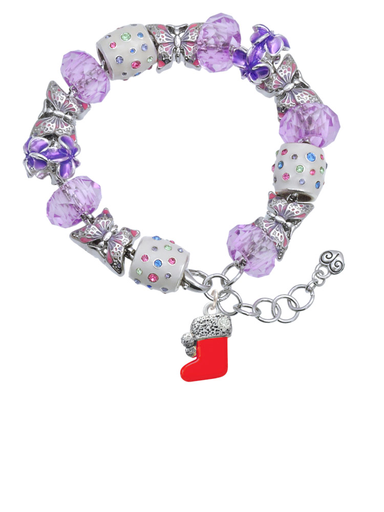 Delight Jewelry Silvertone 3-D Red Christmas Stocking Purple Butterfly Bead Charm Bracelet, 7"+1" Extender