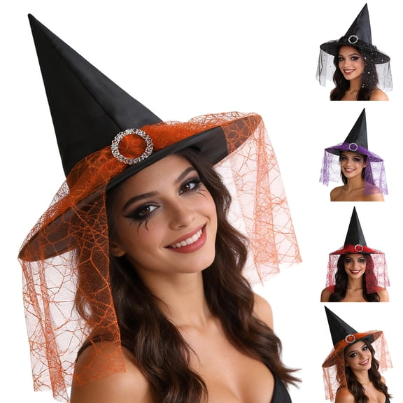 Women Adult Witch Hat with Spider Web Tulle & Rhinestone Decor, Pointed Witch Costume Hat, Elegant Halloween Dress Up Accessory for Cosplay, Trick or Treat and Photo Shoots