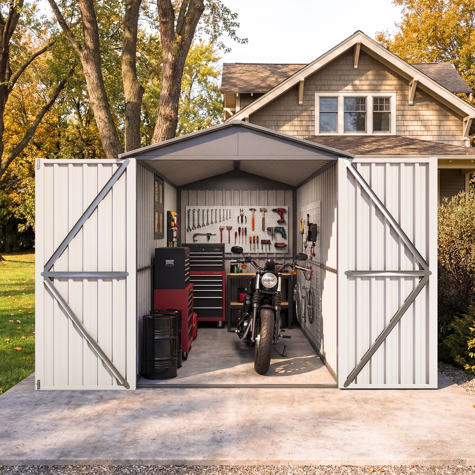 Chery Industrial Outdoor Metal Motorcycle Storage Shed with Window ,without Tracks & Fixtures,Grey&White