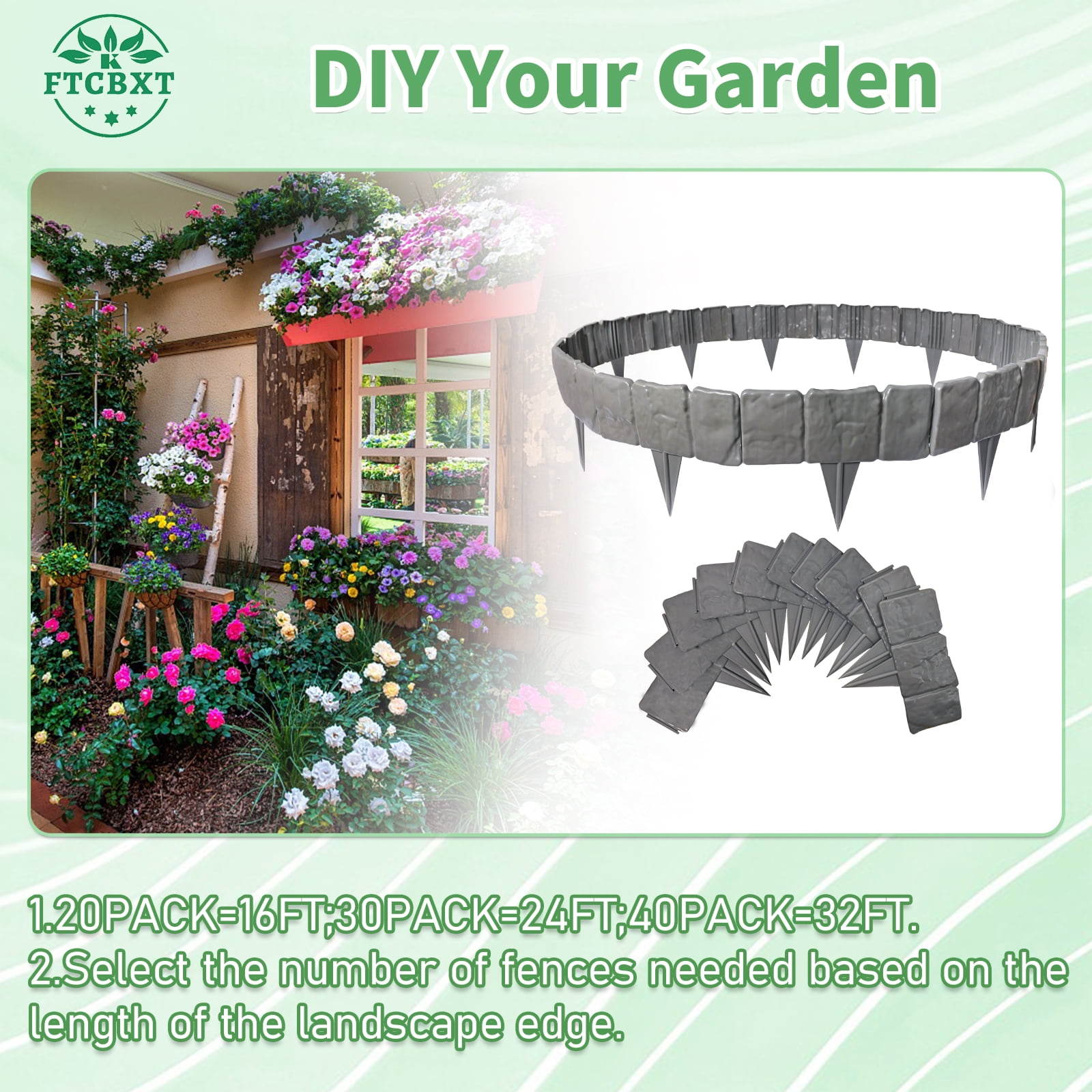 2025 New Landscape Edging Border,16 ft Plastic Stone Effect Garden Edging Border for Lawns,Flower Beds,Patios ,Yard (20 pcs, Gray)