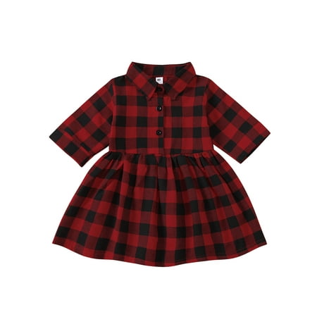 

Ma&Baby Christmas Toddler Baby Girls Xmas Plaid Dress Lapel Neck Half Sleeve Buttons Pleated Dress