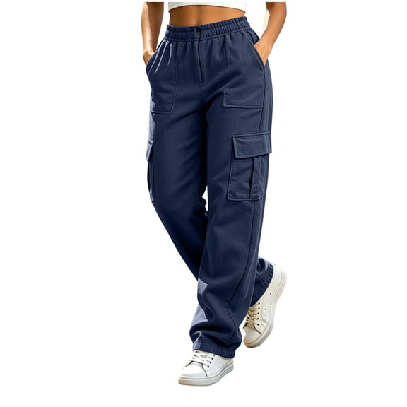ZHYou No Boundarie Women's Cargo Pants Elastic Waist Wide Leg Loose Straight Casual Baggy Fit Utility Trousers with Multi Pockets,Navy,Size 2XL