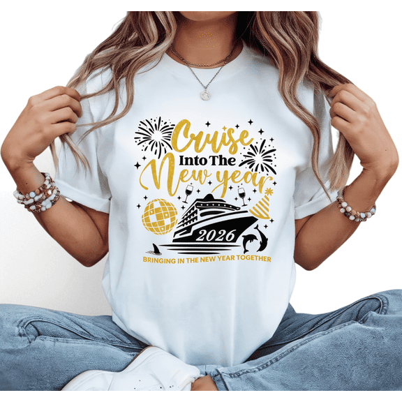 New Year Cruise 2026 Print Tshirt Graphic Tees White Shirts S-5XL Festive Holiday Casual Trendy Classic Tops